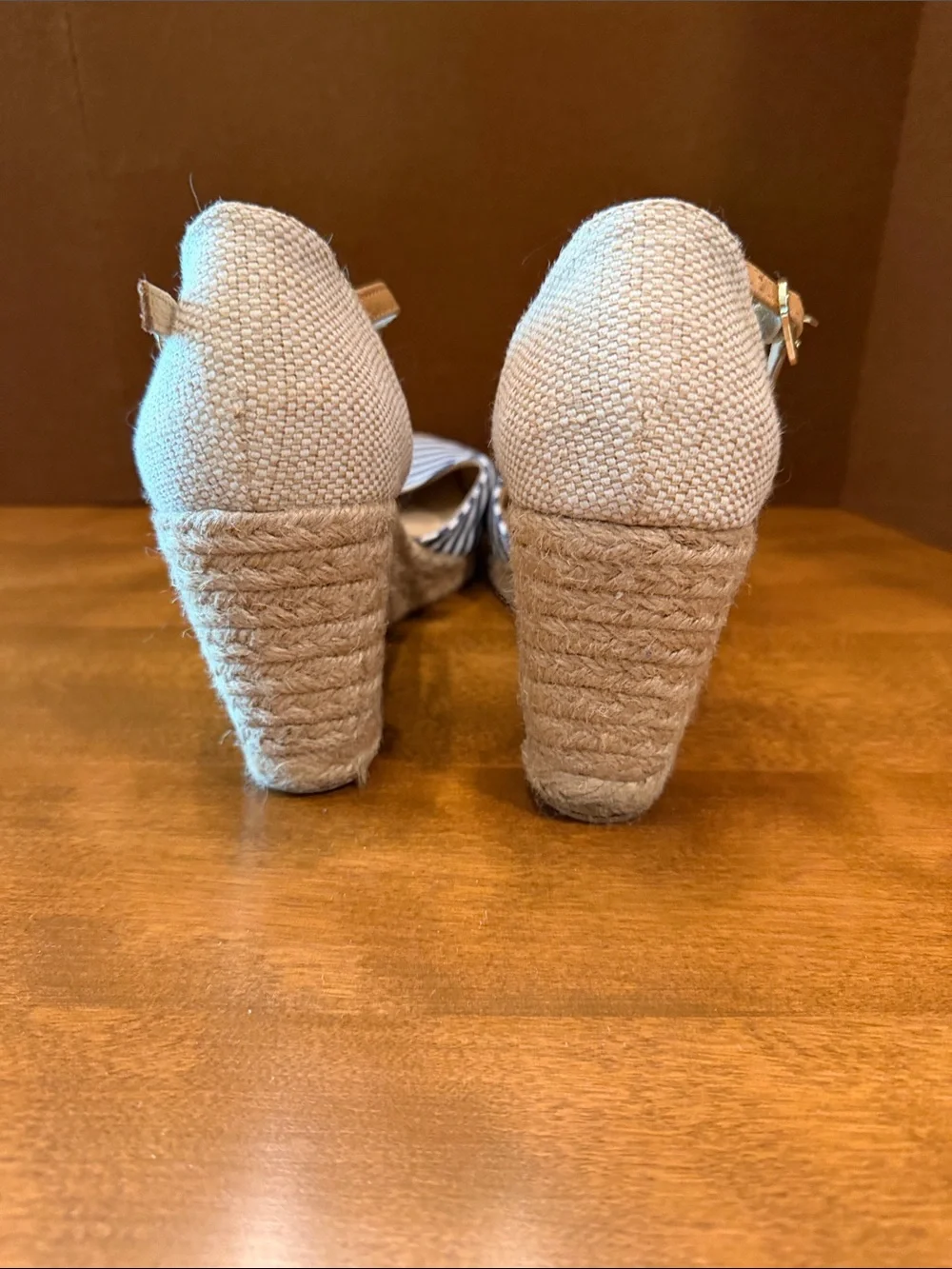 White Mountain Blue and White Striped Espadrille Wedge Sandals